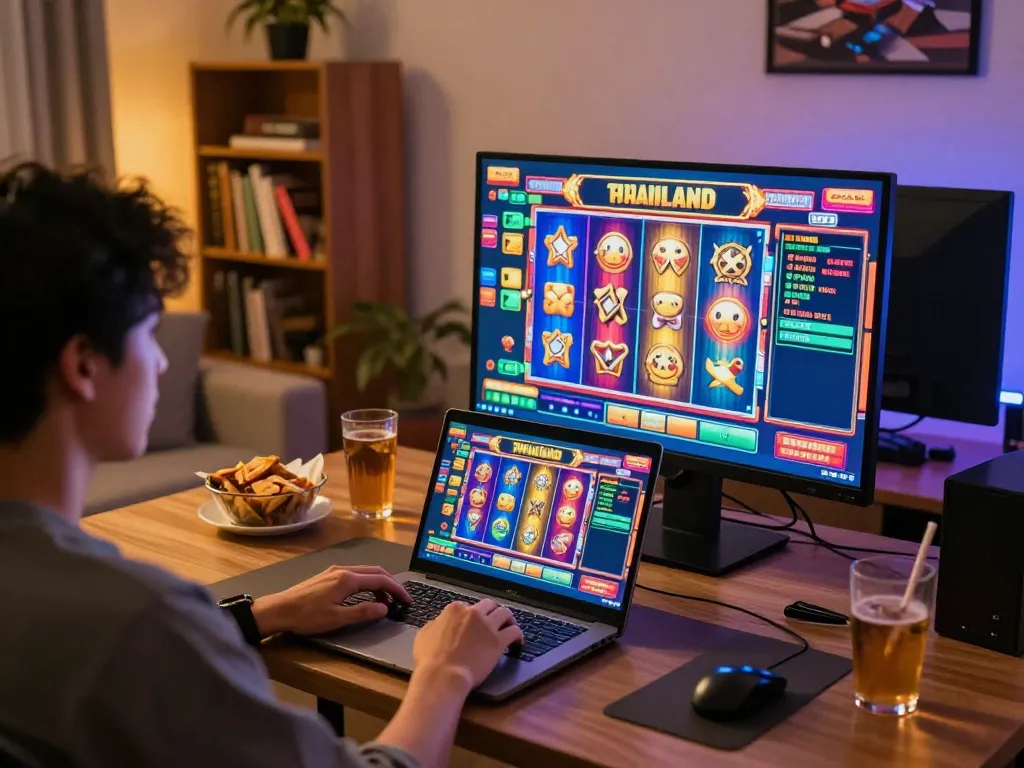 Engaging in online slot thailand gaming at home, focused on colorful spinning reels and strategy.