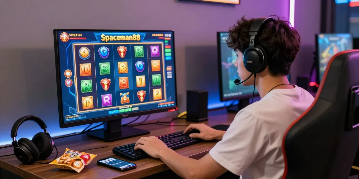 Spaceman88 gaming environment with a slot game in action, showcasing vibrant graphics and an engaged player.