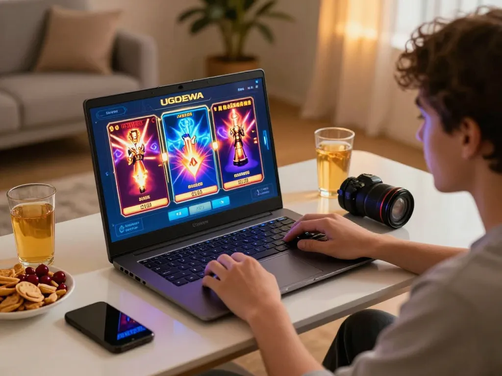 Engaging in exciting UGDEWA slots gameplay on a modern laptop in a cozy home setting.