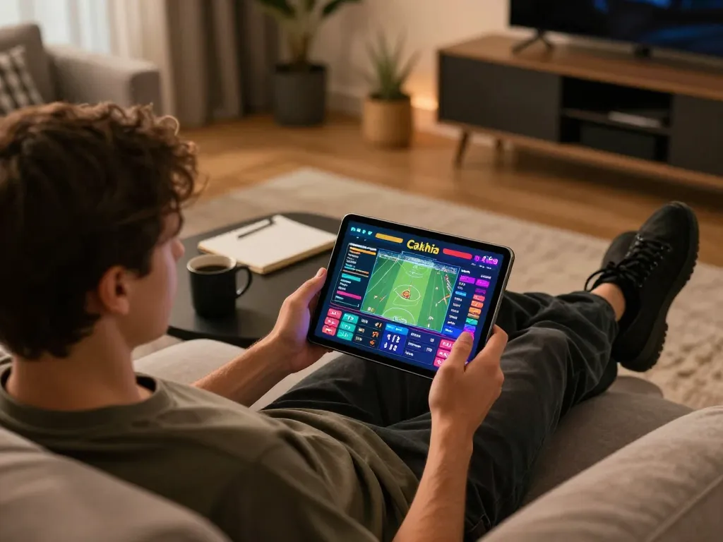 Cakhia online sports betting scene with user engaged on tablet, showcasing cozy environment and strategy.