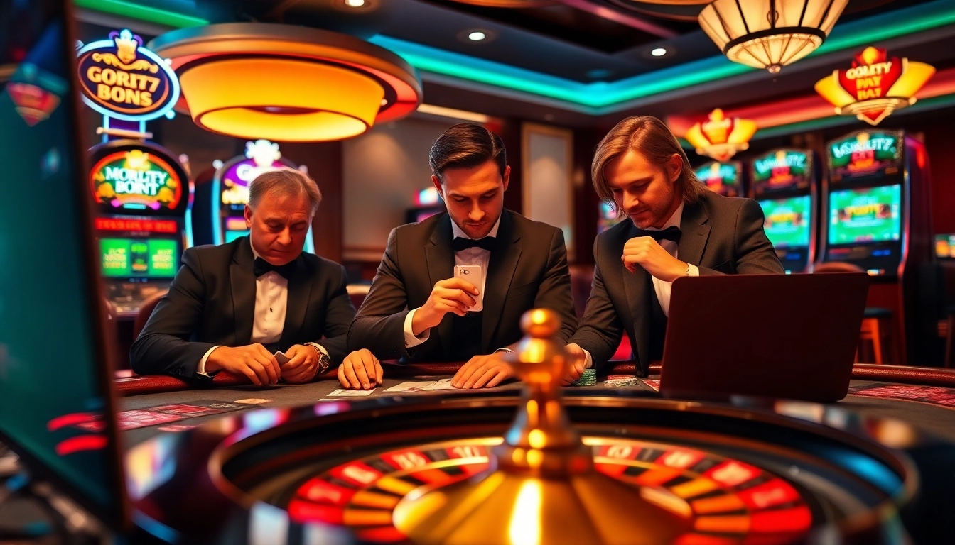 Professional gamblers strategizing at a luxurious casino table, showcasing gori77 online gaming excitement.