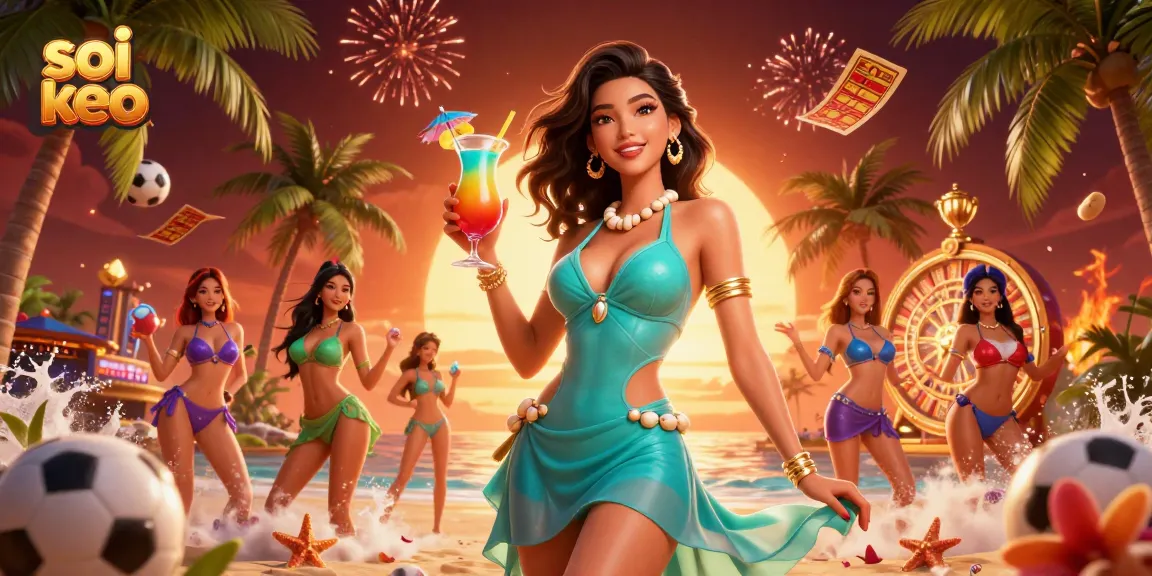 Soi keo sports betting scene with glamorous Asian woman enjoying a tropical cocktail in a vibrant casino setting.