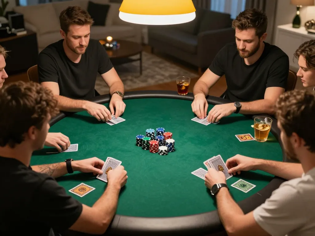 Players engage in a home poker night, showcasing strategic gameplay with 789win2 chips and cards.