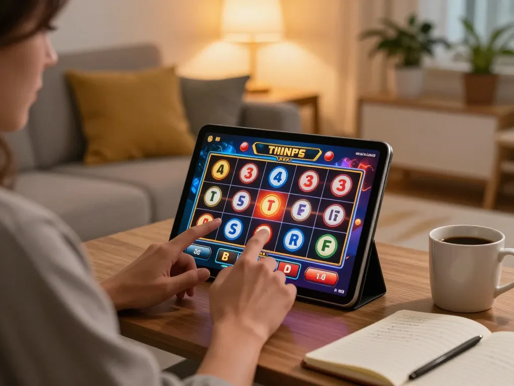 Engaging scene of online gaming on a tablet, showcasing เว็บตรงสล็อต and vibrant graphics in a cozy environment.