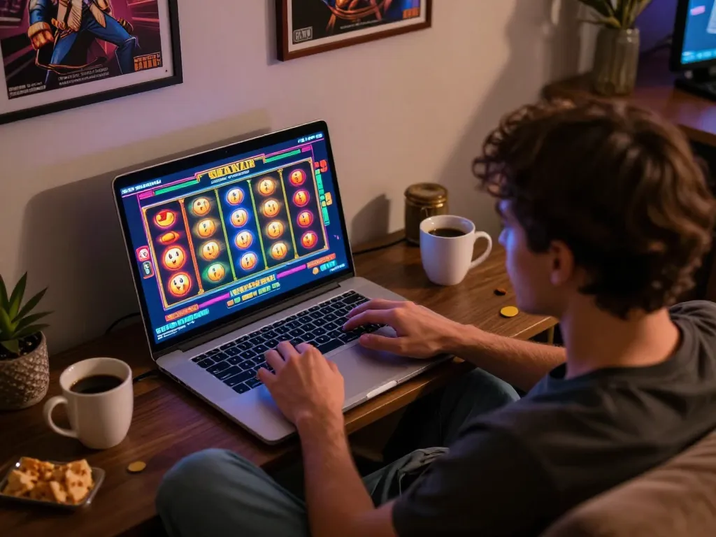 Player spinning colorful online slot reels while relaxing on a cozy sofa at home