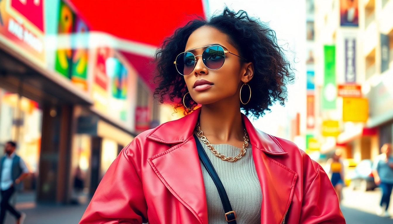 Fashion model showcases trendy outfits in a vibrant urban backdrop