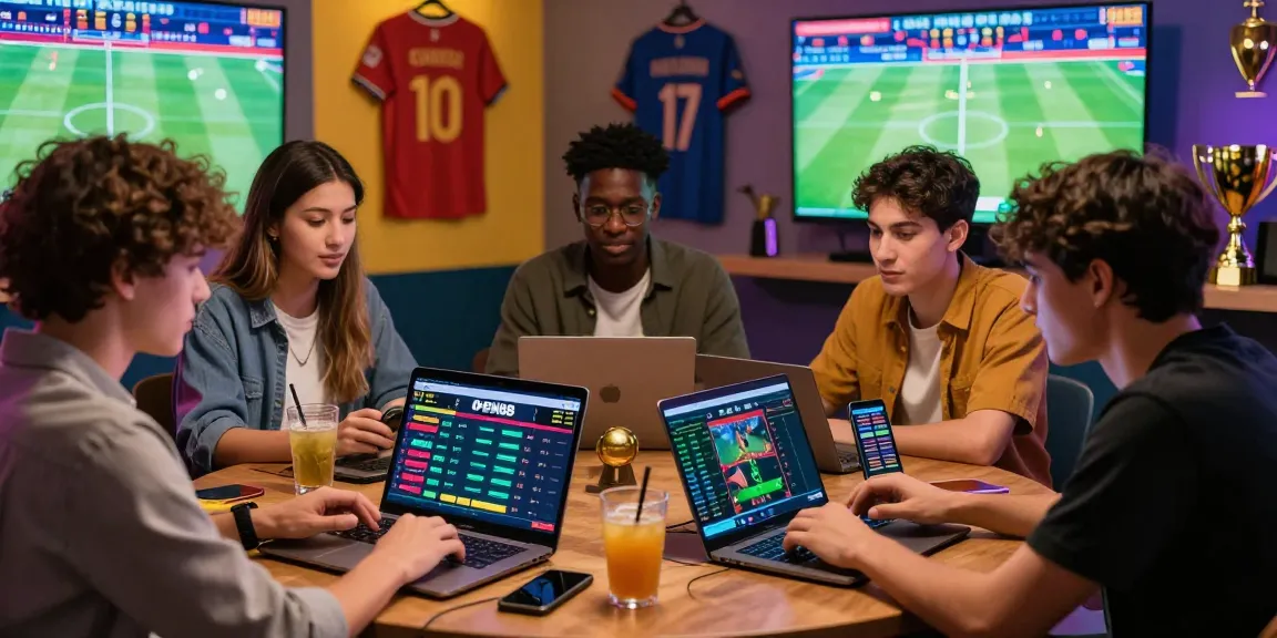 Group of friends discussing betting strategies on OPEN88 platform in a vibrant entertainment setting