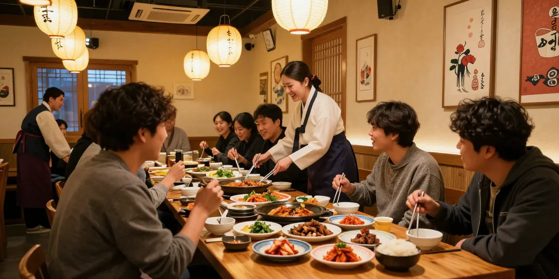 Diverse friends enjoying a vibrant Korean meal at 상봉동 한국관나이트 in a warmly lit restaurant.