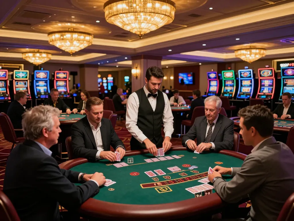Engaged players enjoying ดูหนังออนไลน์ poker at a vibrant casino, with dealers in action.
