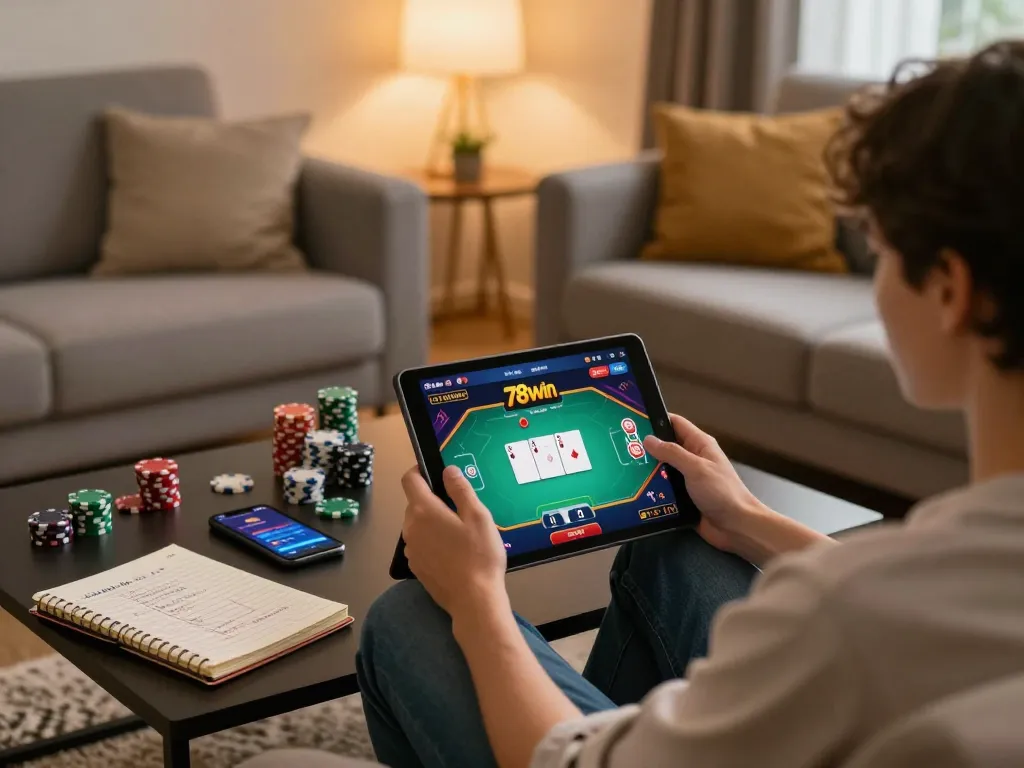 Engaging with the 789win app on a tablet while enjoying strategic online gambling at home.