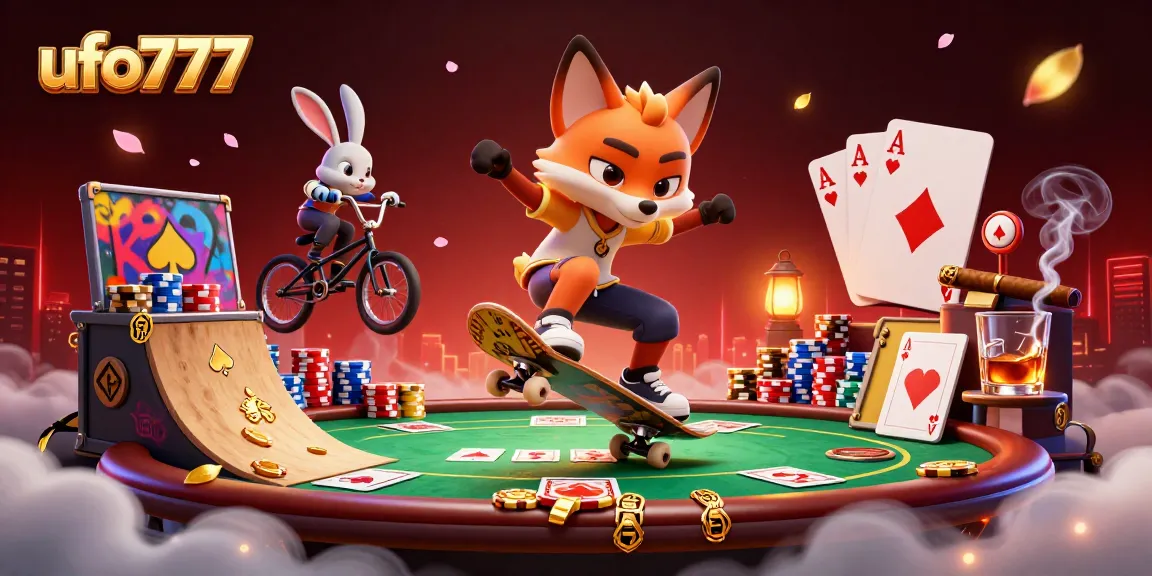 Experience exciting gameplay with ufo777 as the skateboarder fox flips over golden poker chips.