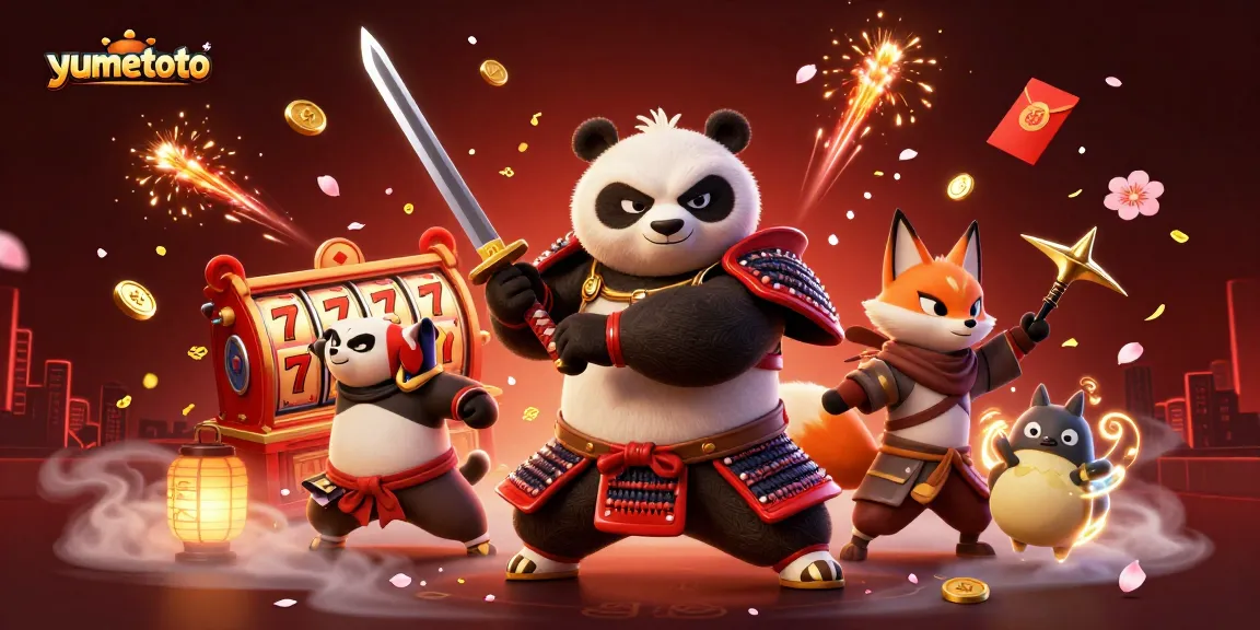 Experience the thrill of yumetoto with a dynamic gaming scene featuring a samurai panda and a ninja fox.