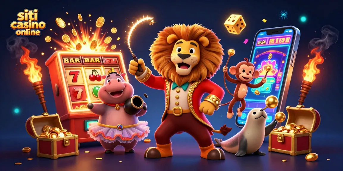 Scopri i migliori siti casino online mentre il leone giocoliere interagisce con gli elementi del gioco.
