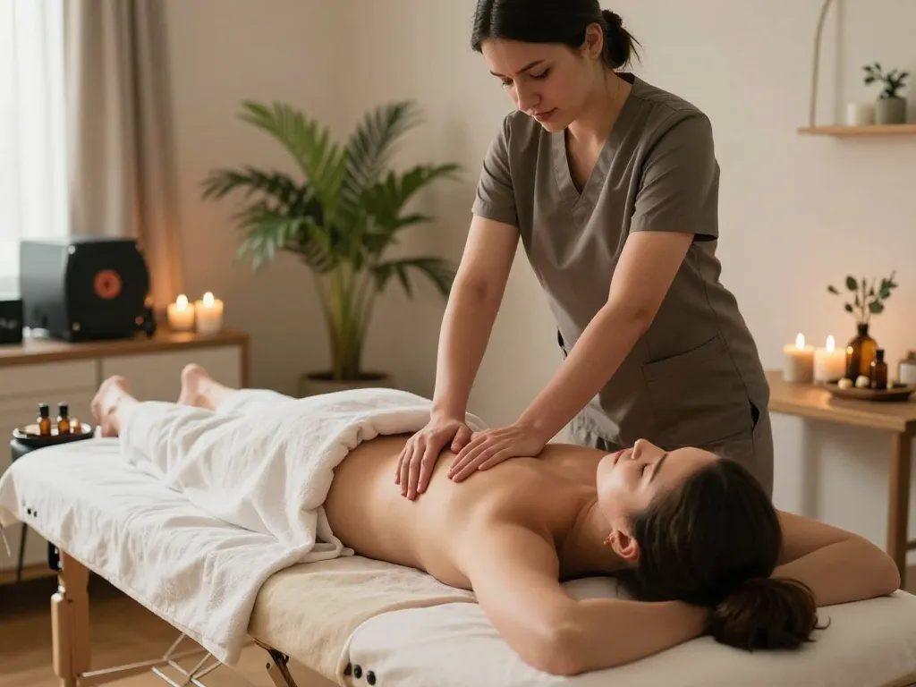 평화로운 가정 환경에서 russiamobilemassage.com의 전문 서비스를 보여주는 모바일 마사지 치료 세션.