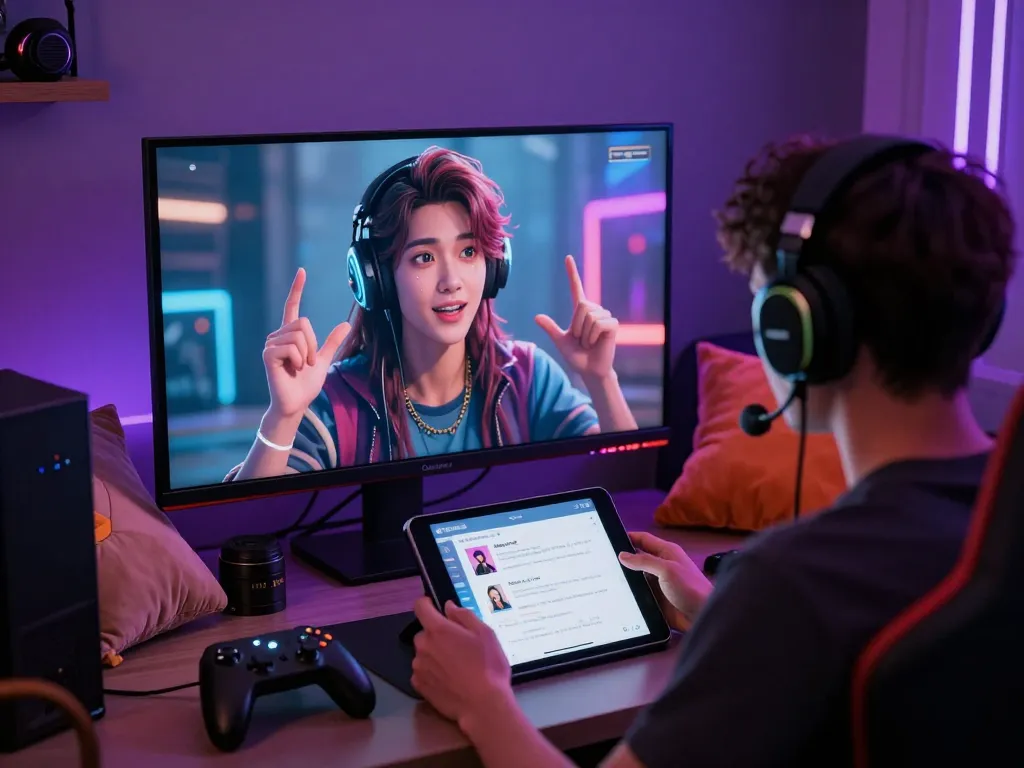 Engaging interaction with an nsfw ai character in a cozy gaming room.