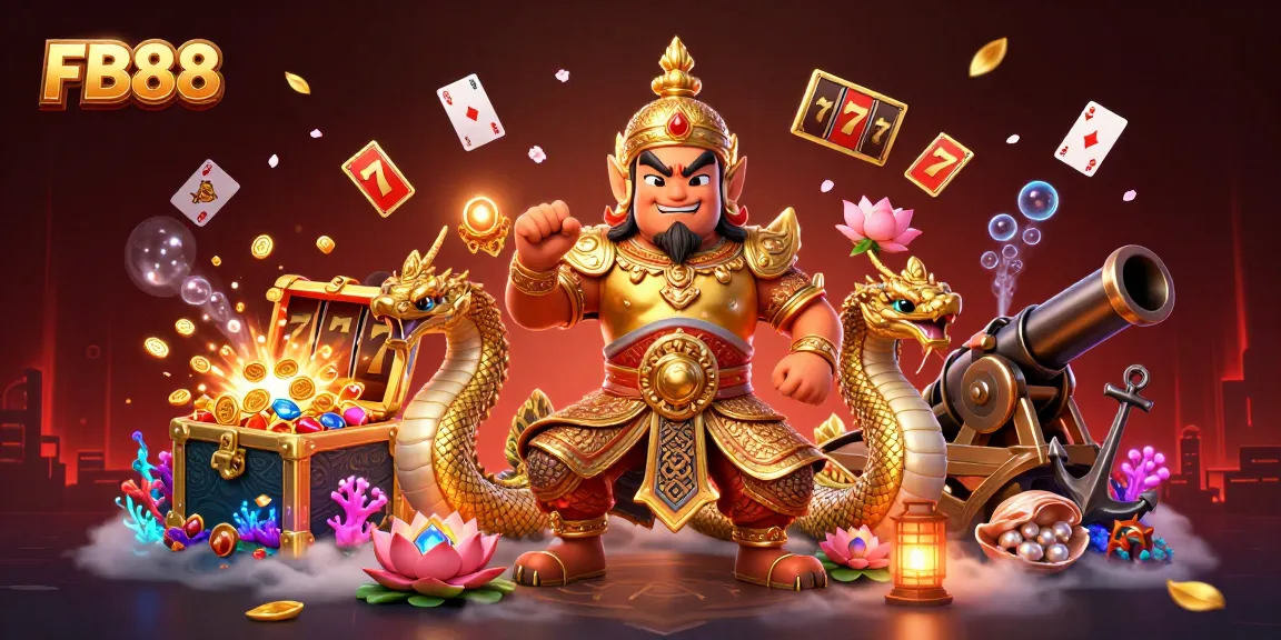 Win big with FB88’s dynamic slots as guardians protect treasures in an elaborate casino scene.