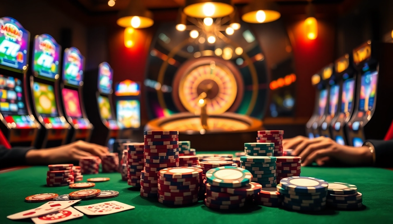 Kpi4d players engage in high-stakes poker at a luxurious casino table with vibrant chips and cards.