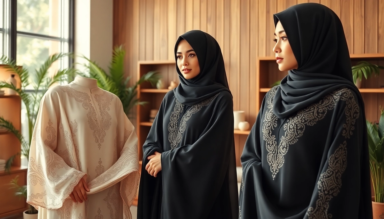 Showcasing exquisite abayas from a Modest clothing manufacturer in a boutique environment.