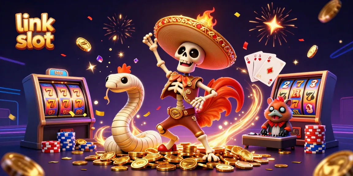 Experience the thrill of link slot with vibrant characters amidst golden jackpots and casino action.