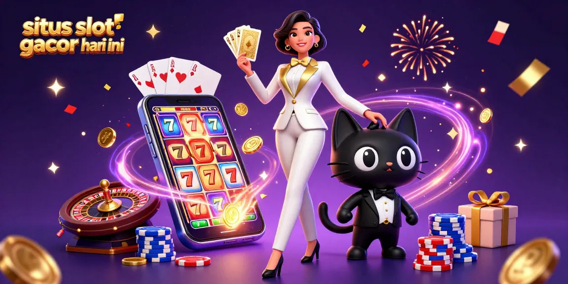 Nikmati kegembiraan dengan situs slot gacor hari ini, menampilkan seorang wanita glamor dengan dek kartu, aksi slot yang penuh warna, dan kucing yang playful.