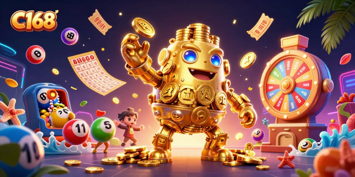Experience the thrilling excitement of C168 with vibrant lottery elements and a dynamic golden golem.