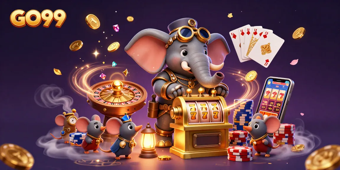 GO99 showcases a 3D cartoon steampunk scene of vibrant excitement within a casino environment.