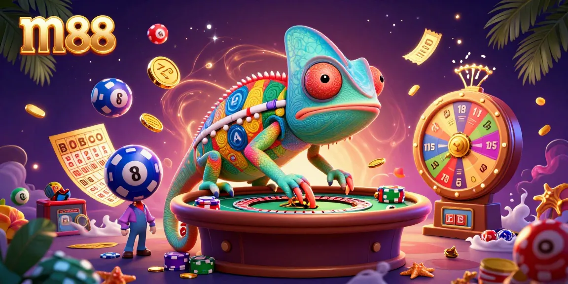 Play thrilling games at m88, where a chameleon casino owner collects golden coins amidst lottery excitement.