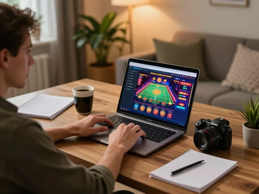 Engaging online gaming experience at Nhà Cái RR88 with vibrant interface, cozy setup, and strategic notes