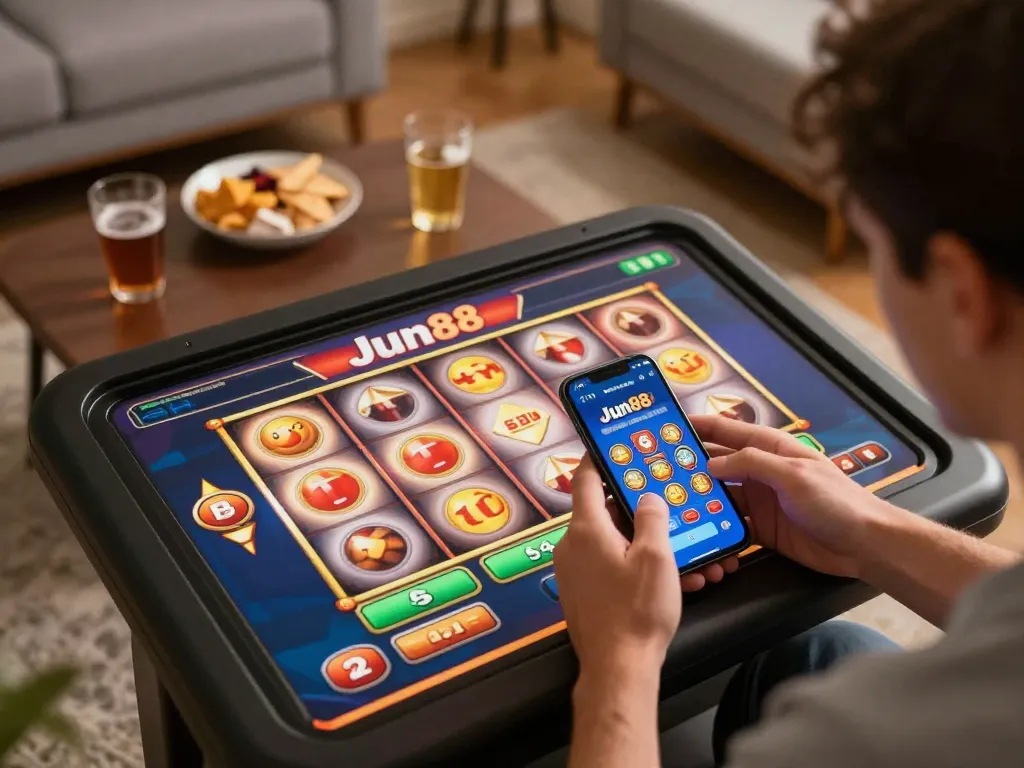 Player enjoying slot games on Jun88 app on smartphone in cozy home environment with snacks
