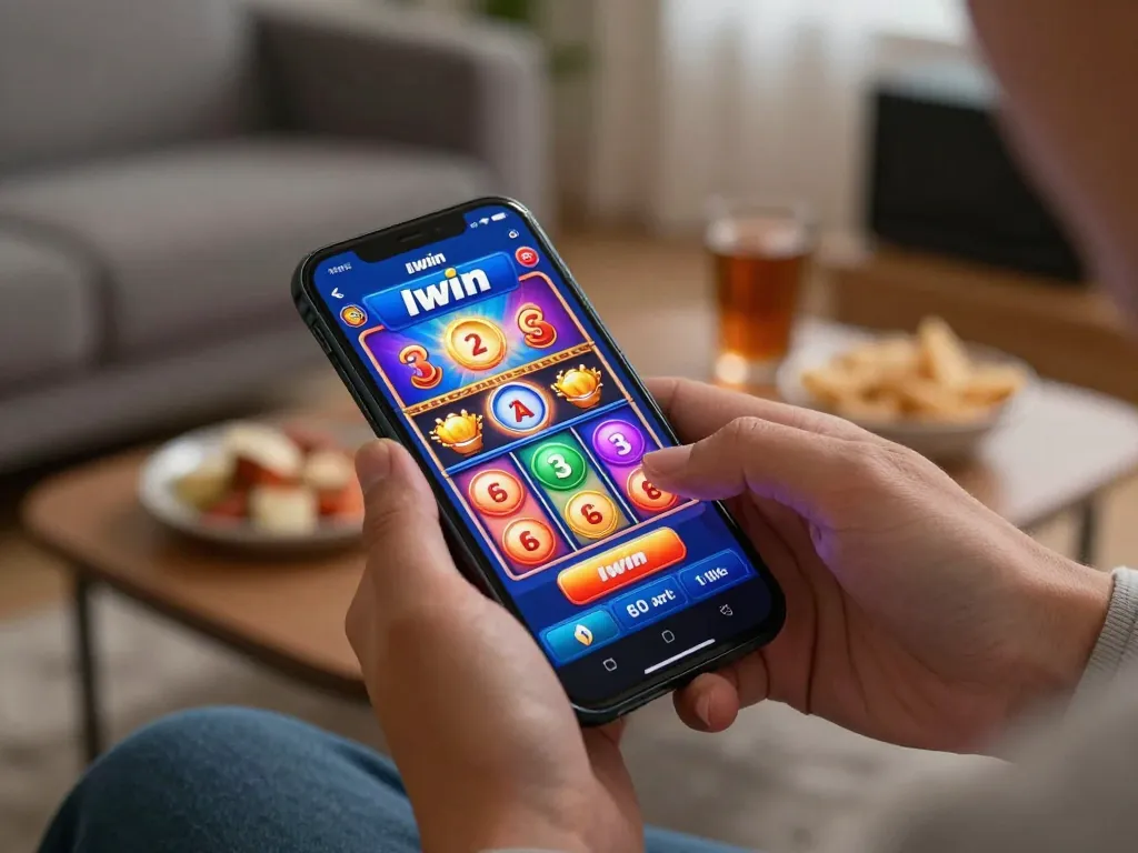 Excited player tapping to tải iwin app slot game on smartphone in cozy home setting.