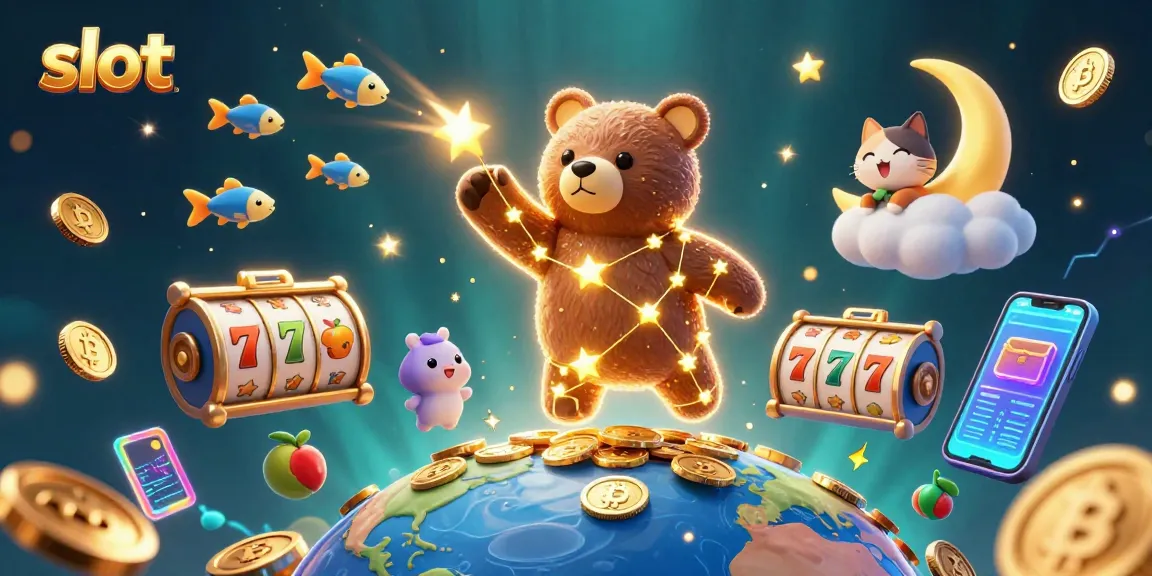 Experience thrilling slot action with a constellation bear scooping gold coins in this vibrant 3D illustration.