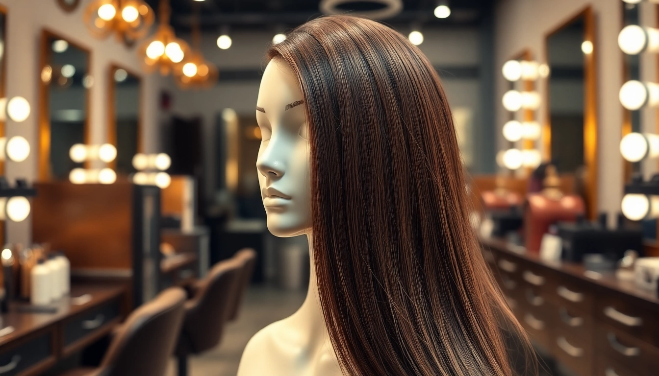 Showcase of sew in weft hair extensions on a mannequin head in a chic salon setting.