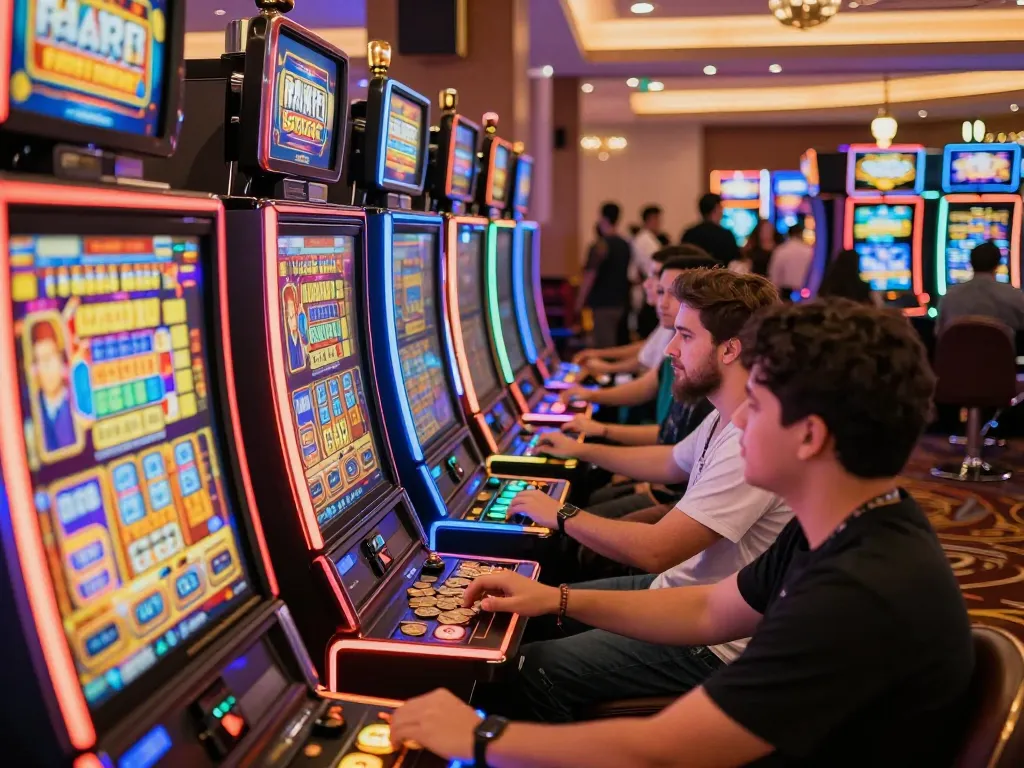 Engaged players enjoying slot kamboja super gacor games in a vibrant casino atmosphere with colorful machines