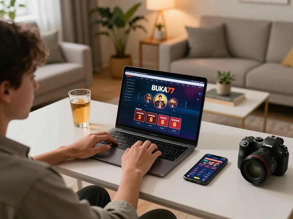 Engaging moment of using BUKA77 online casino interface on a laptop with strategic notes nearby