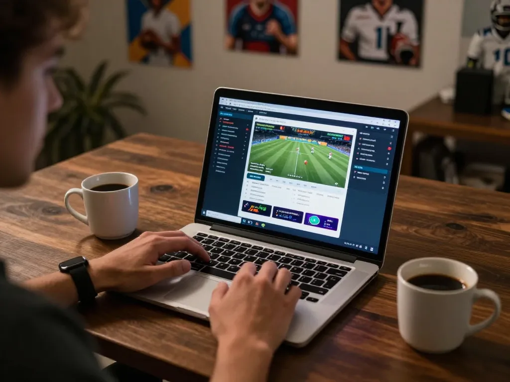 Kèo nhà cái 5 live sports betting setup with laptop displaying betting odds, creating excitement.