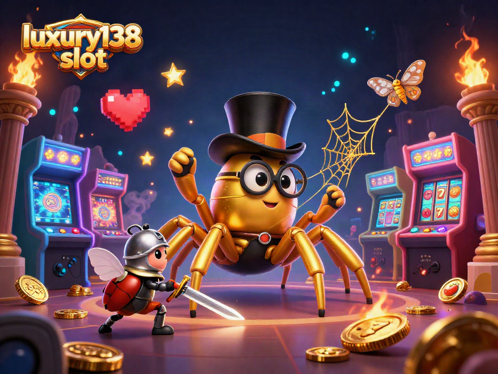 Permainan slot luxury138 slot menarik perhatian dengan ilustrasi tarantula emas dan kesatria beetle berani.