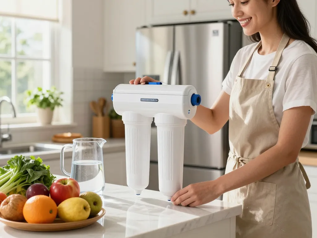 Replacing the Filterlogic ADQ73613401 Refrigerator Water Filter in a bright kitchen setting filled with fresh groceries.
