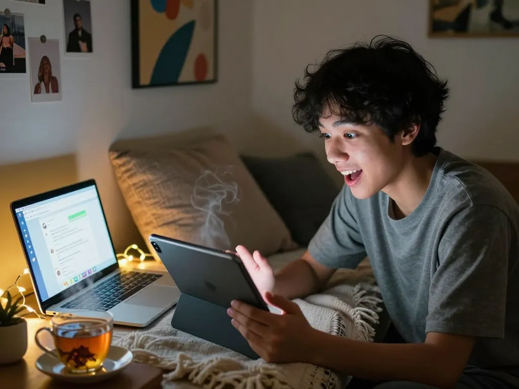 Youthful engagement with sex chat AI on a tablet in a cozy setting, emphasizing personal interaction.