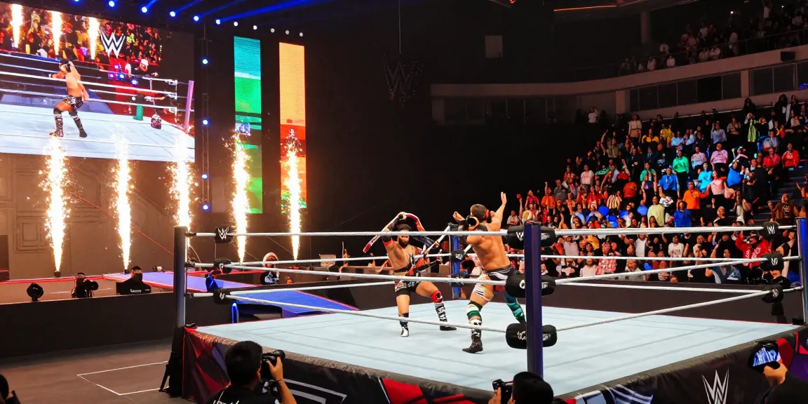 WWE Saudi Arabia event showcasing superstars in action with vibrant crowds and pyrotechnics.