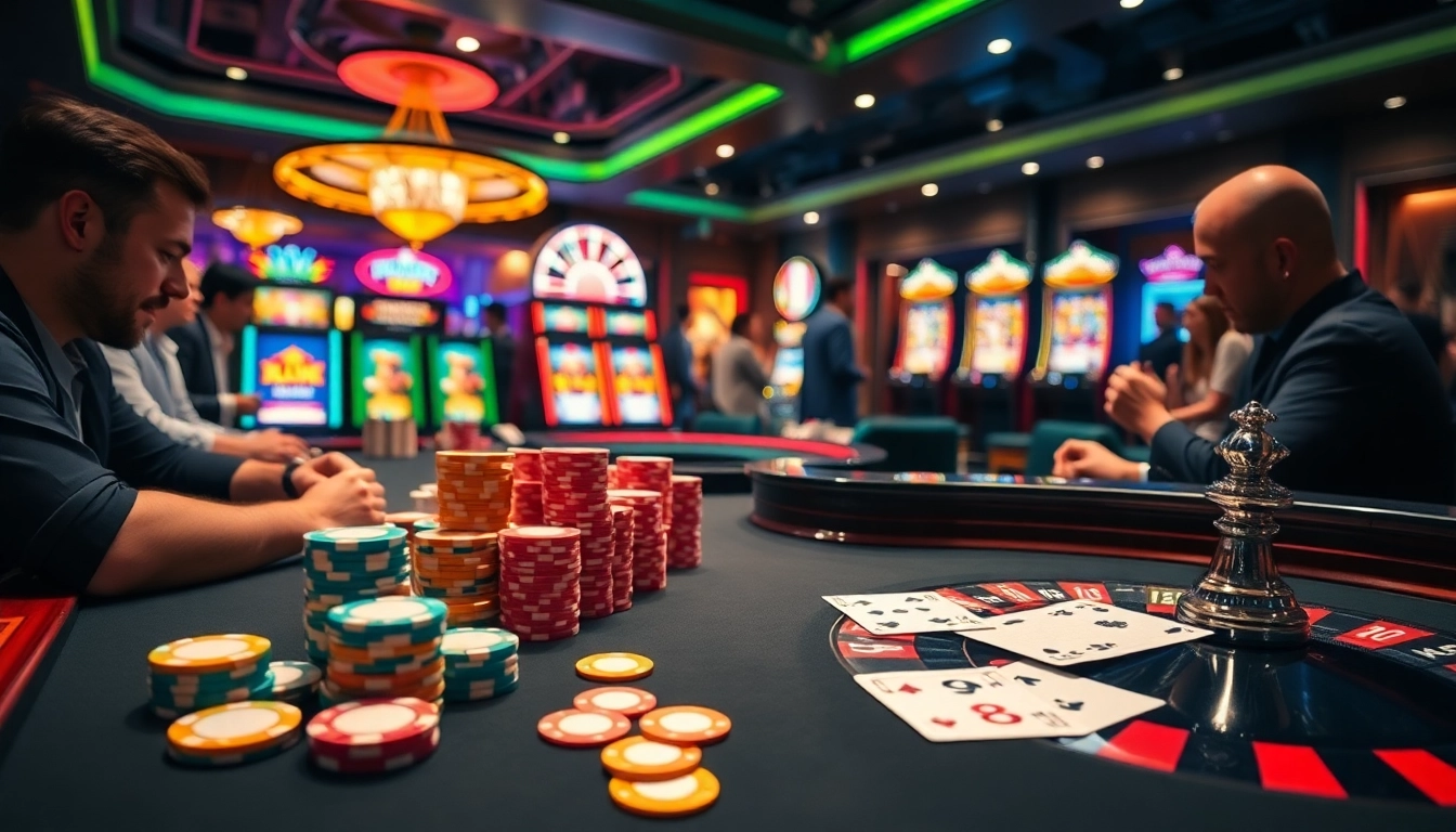 Excited players engaging at the ARESGACOR poker table with vibrant chips and cards.
