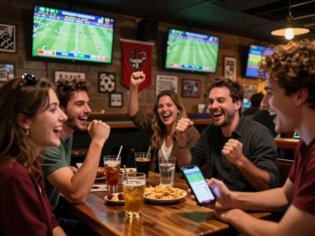 Engaging sports betting atmosphere at https://56win.bid/ with friends celebrating a live match.