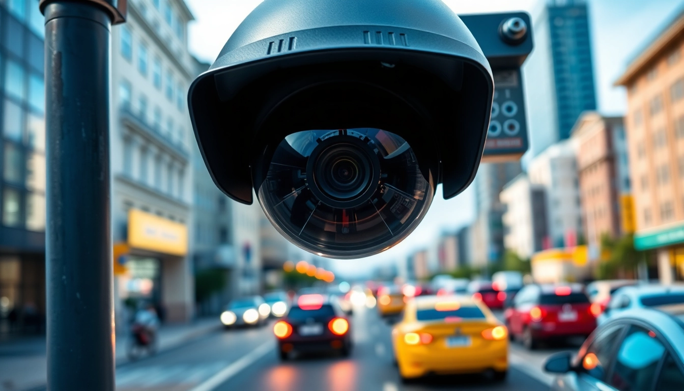Engaging visual of automatic license plate recognition system capturing vehicle details in a busy urban setting.