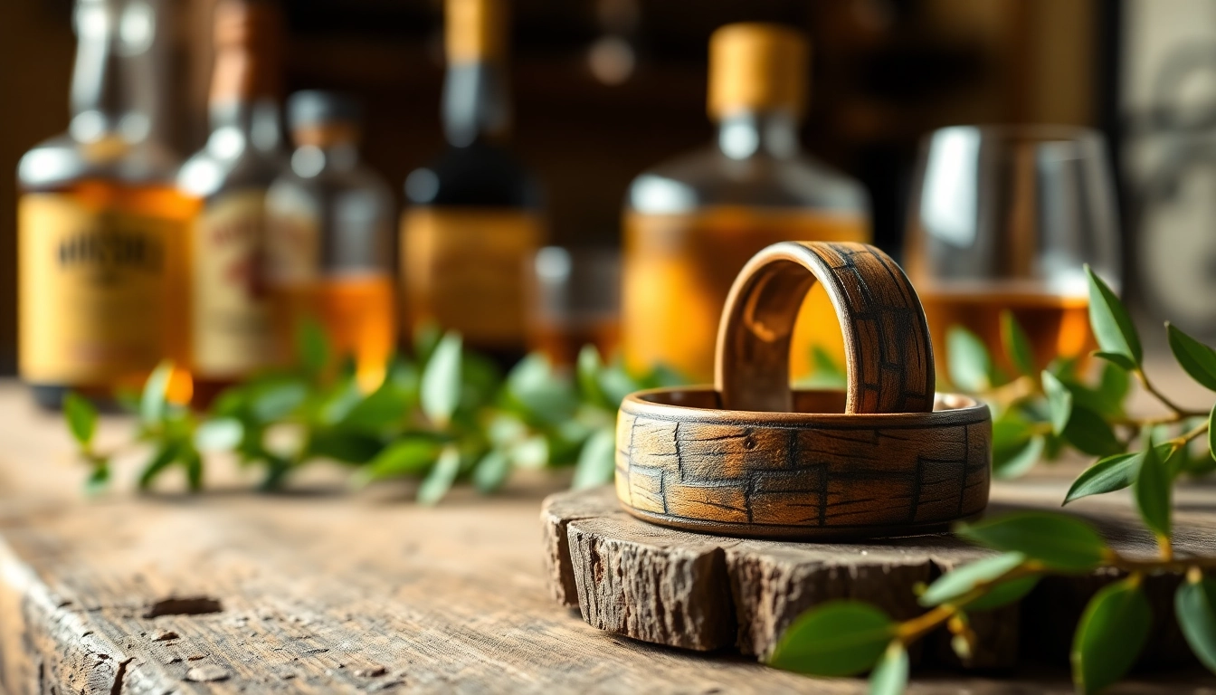 Showcasing unique Whiskey Barrel Wedding Bands with intricate craftsmanship on a rustic wooden surface.