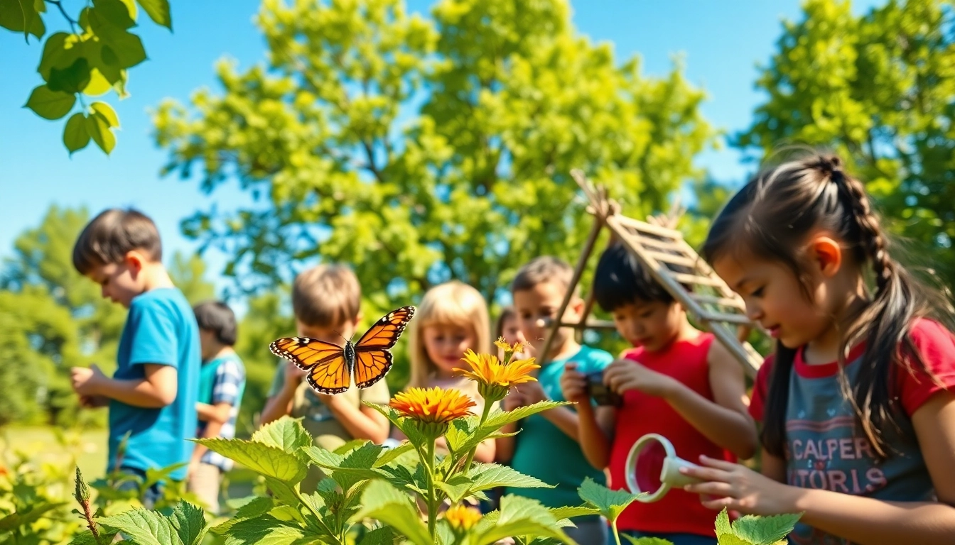 Children actively participating in a science and nature camp, exploring nature and engaging in fun activities.