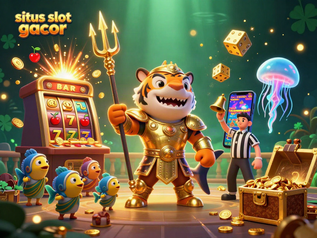 Experience the thrill of winning at situs slot gacor with a vibrant underwater casino scene featuring a shark gladiator.