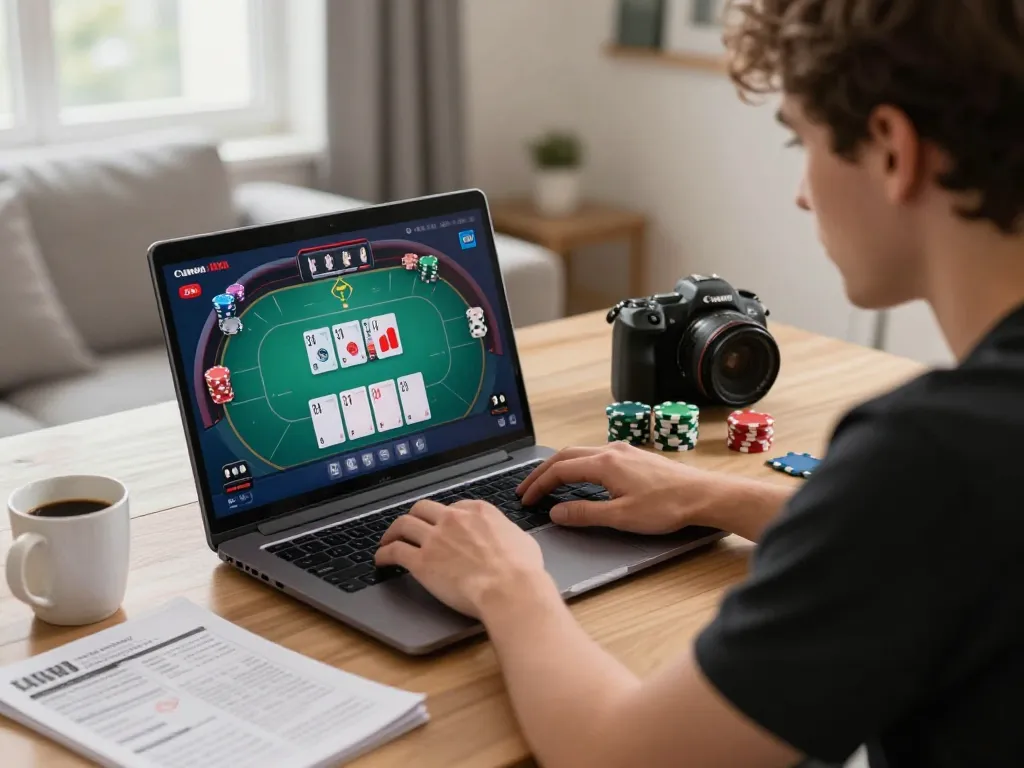 sc88 player competes in online poker tournament from home, showing strategy notes and gameplay.