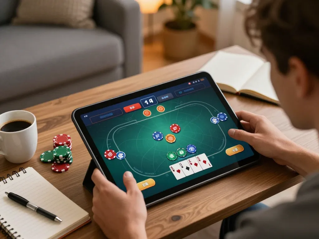 Engaging online poker gameplay on a tablet by mb88, showcasing immersive strategy in a cozy home.