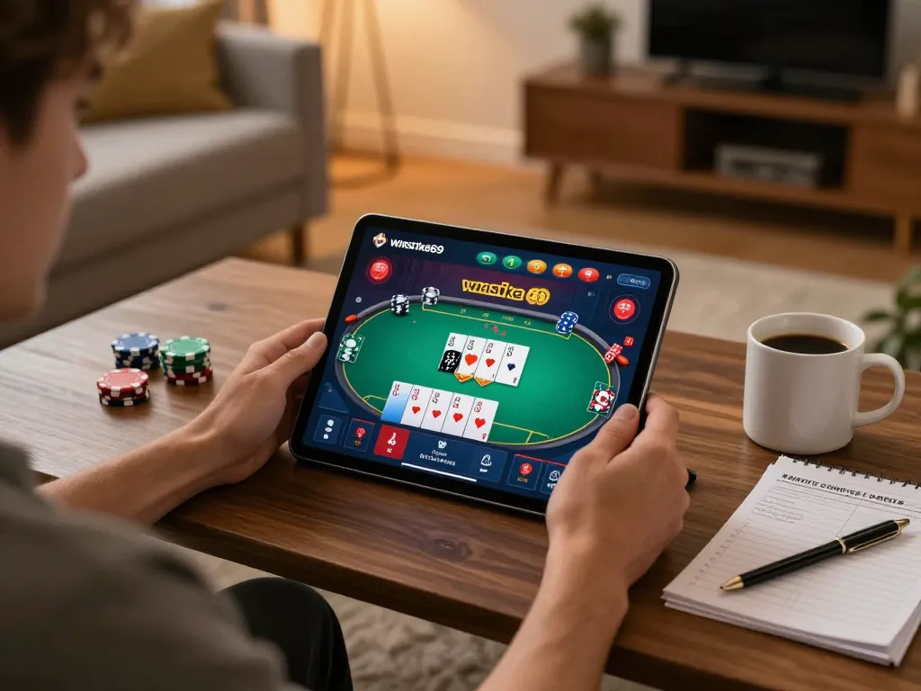 Player enjoying winstrike69 poker game on tablet in cozy living room, highlighting online gaming experience.