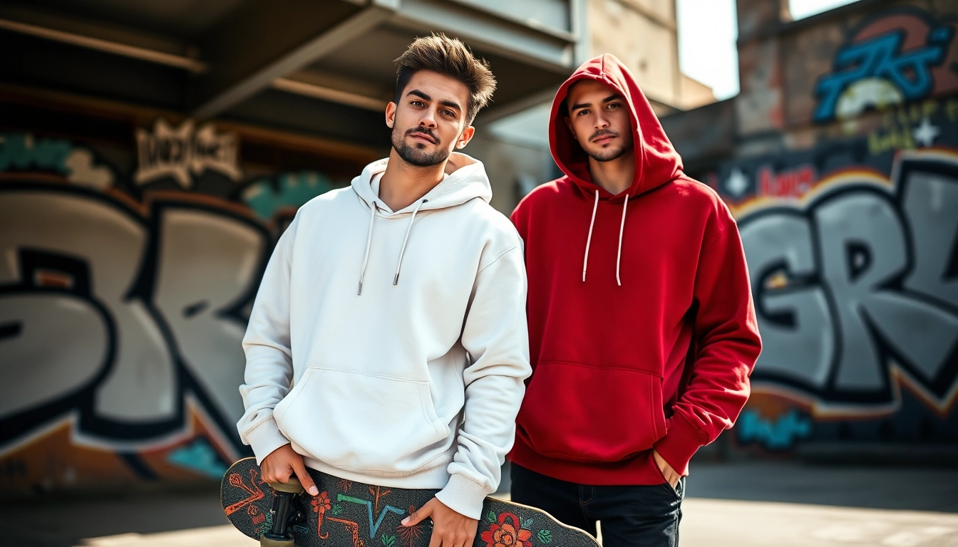 Showcase of high quality blank hoodies on a model in urban style with vibrant city backdrop.