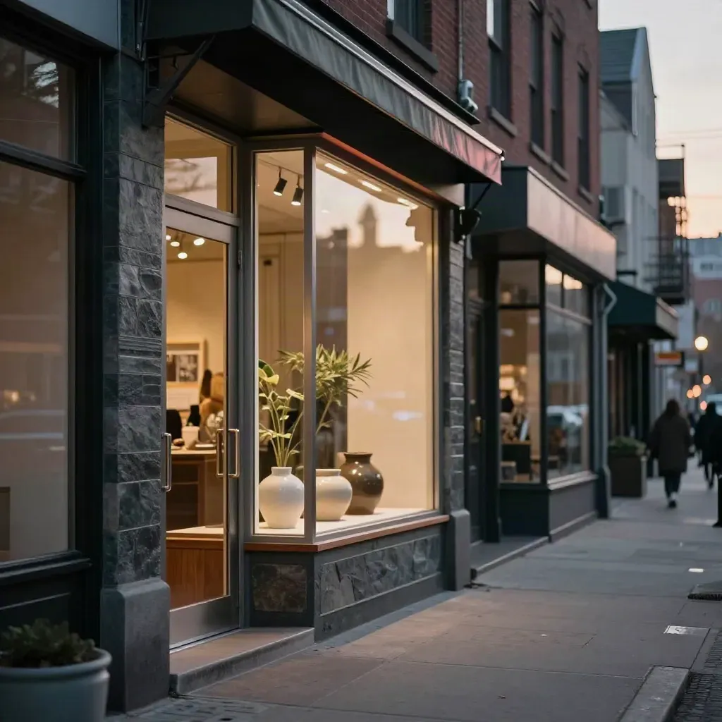 Dusk storefront row with one glowing featured shop and soft haze along the sidewalk